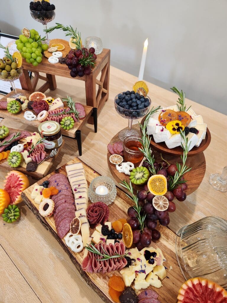 A grazing tablescape created and styled by Marcuterie of Kitchener-Waterloo and Elmira for a wedding