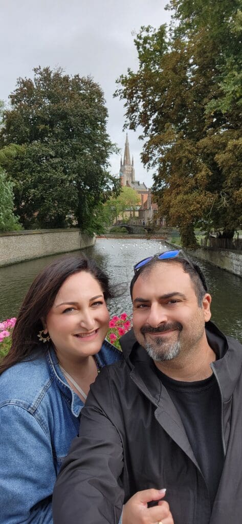 Photo of Mary, founder of Marycuterie, and her husband traveling in Europe